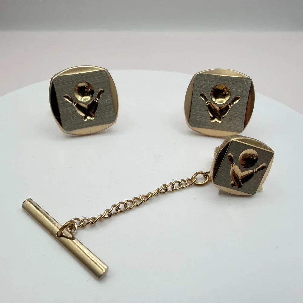 VTG Y2K Gold Tone Bowling Tie Tac Cufflinks Set Men's Classic Fashion Jewelry